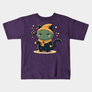 Magical Cat With Sorcerer's Staff Surrounded By Stars Kids T-Shirt